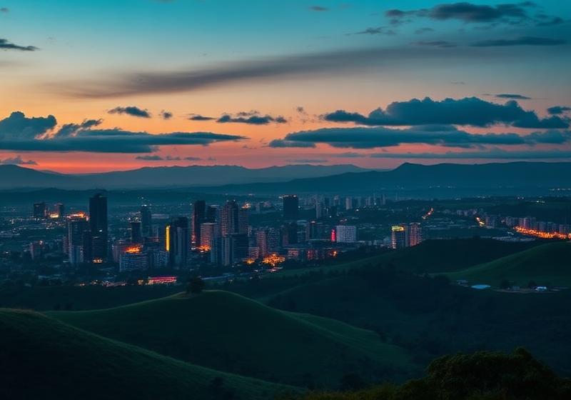 Kigali skyline across green rolling hills at dusk