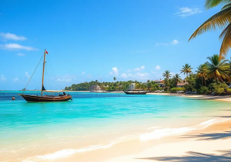 Dhow anchored off a white Zanzibar beach under a clear sky